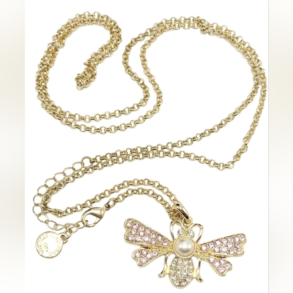 Liz Clairborne gold necklace insect pendant pink crystal rhinestones